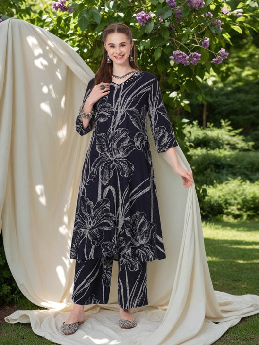 Abstract Leaf Printed Straight Fit Co-ord Set - Navy Blue