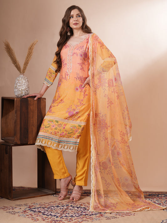 Ethnic Floral Printed & Embroidered Straight Kurta with Pant & Dupatta - Yellow