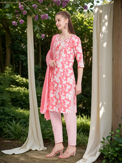Floral Printed & Mirror Embroidered Straight Kurta with Pant & Dupatta - Pink