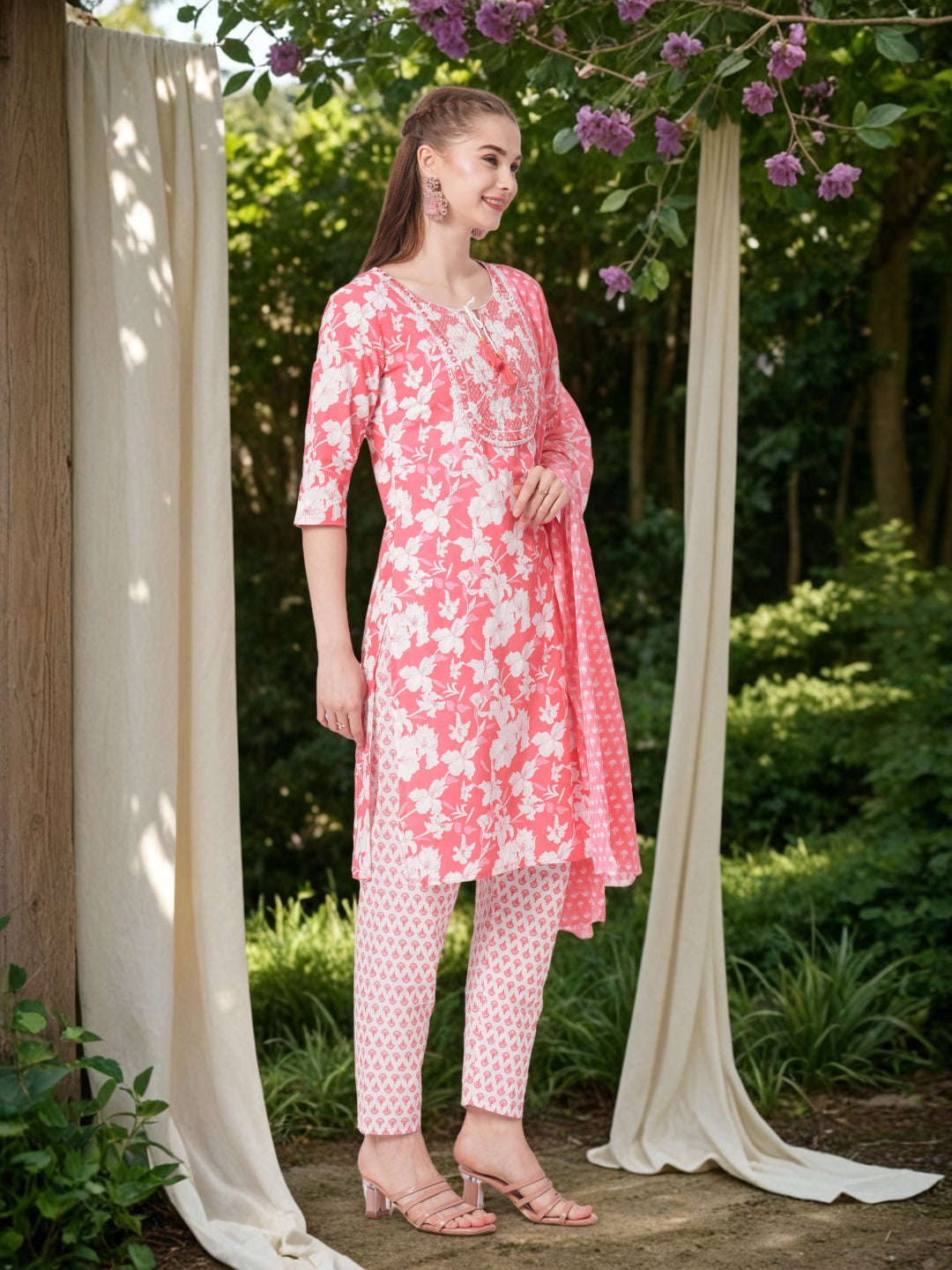 Floral Printed & Mirror Embroidered Straight Kurta with Pant & Dupatta - Pink