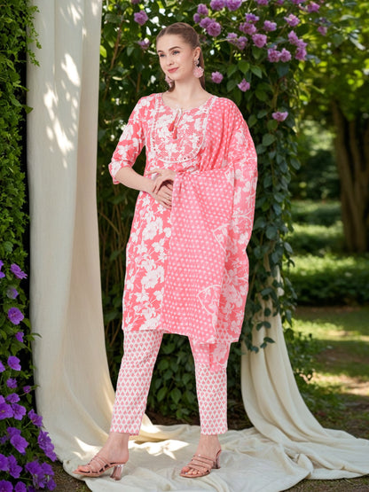 Floral Printed & Mirror Embroidered Straight Kurta with Pant & Dupatta - Pink