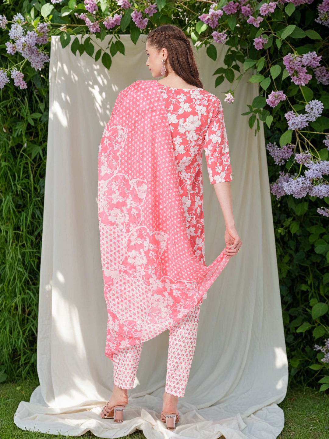 Floral Printed & Mirror Embroidered Straight Kurta with Pant & Dupatta - Pink