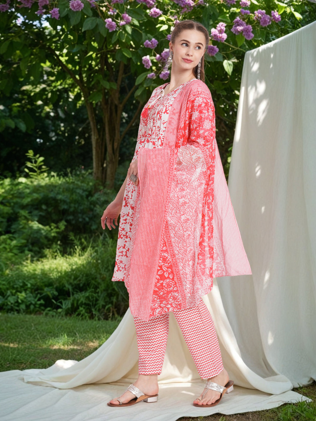 Floral Printed & Mirror Embroidered Straight Kurta with Pant & Dupatta - Coral
