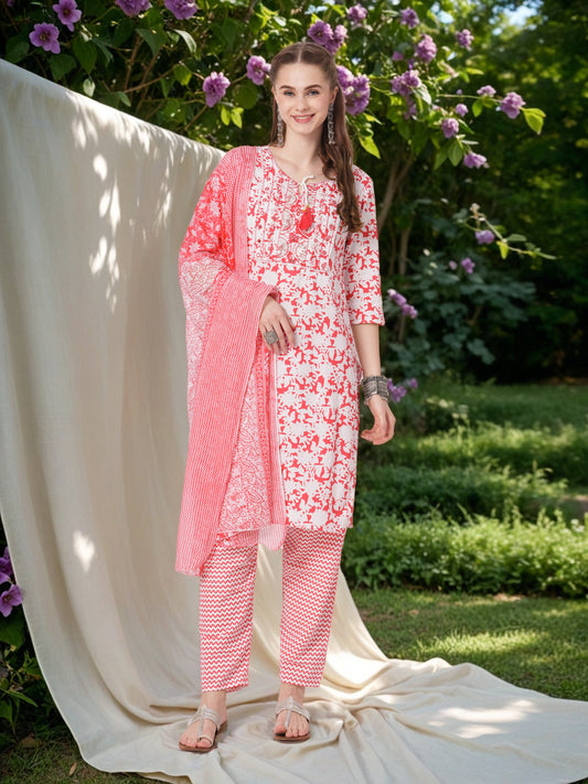 Floral Printed & Mirror Embroidered Straight Kurta with Pant & Dupatta - Coral