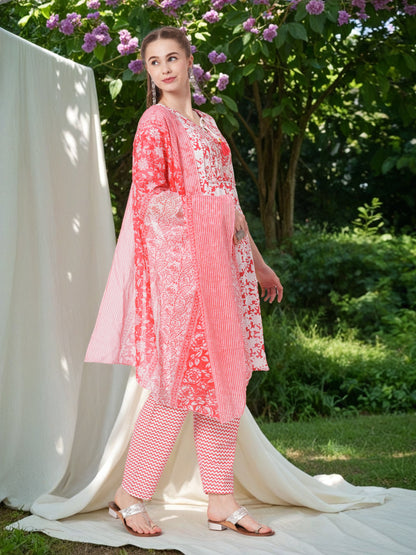 Floral Printed & Mirror Embroidered Straight Kurta with Pant & Dupatta - Coral