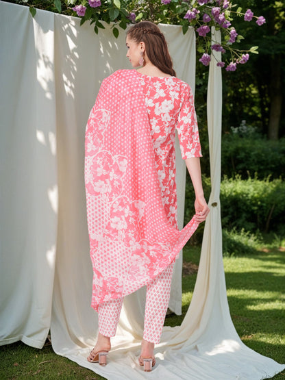 Floral Printed & Mirror Embroidered Straight Kurta with Pant & Dupatta - Coral