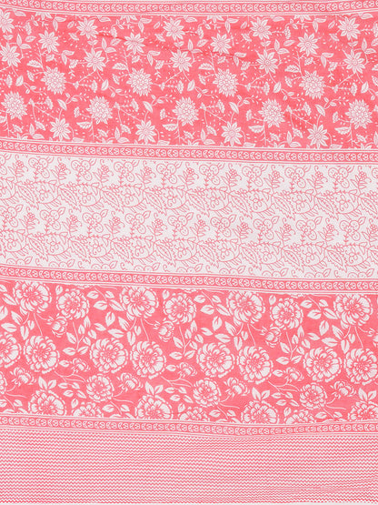 Floral Printed & Mirror Embroidered Straight Kurta with Pant & Dupatta - Coral