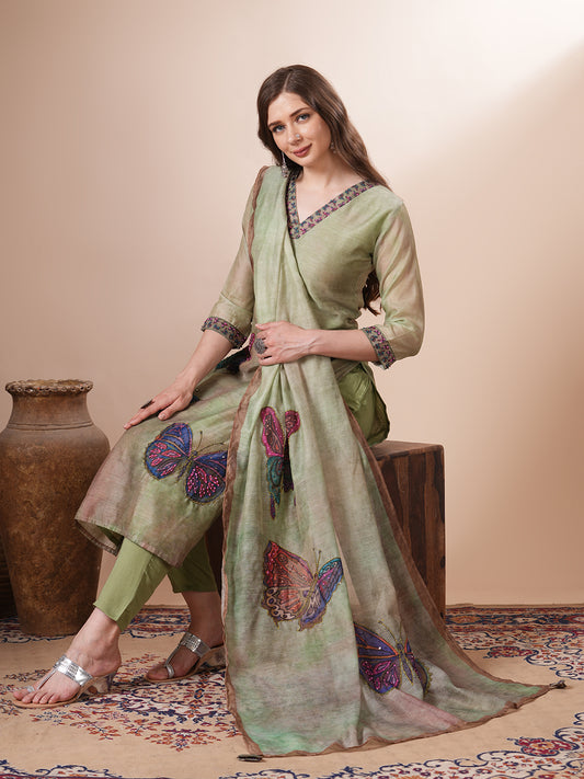 Butterfly Printed & Hand Embroidered Straight Kurta with Pant & Dupatta - Green