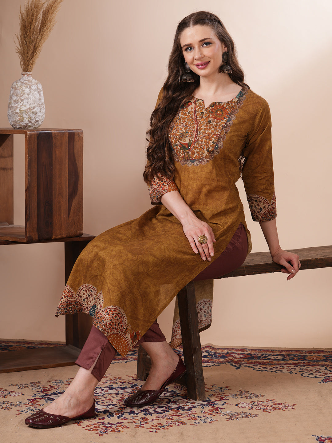 Kalamkari Printed & Embroidered Straight Fit Kurta - Mustard