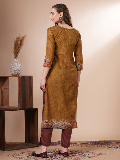Kalamkari Printed & Embroidered Straight Fit Kurta - Mustard