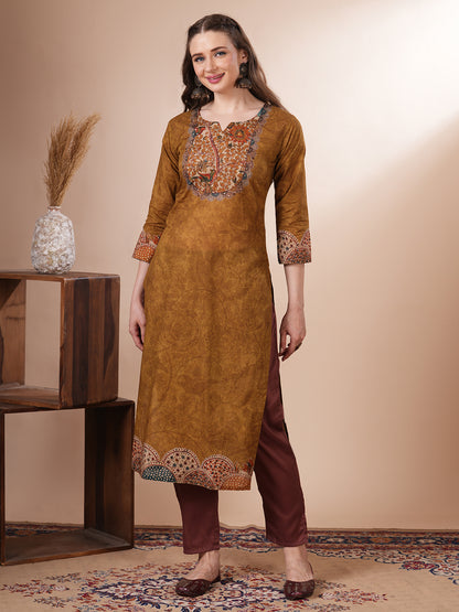 Kalamkari Printed & Embroidered Straight Fit Kurta - Mustard