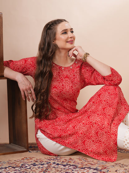 Ethnic Bandhani Printed Straight Fit Kurta - Red