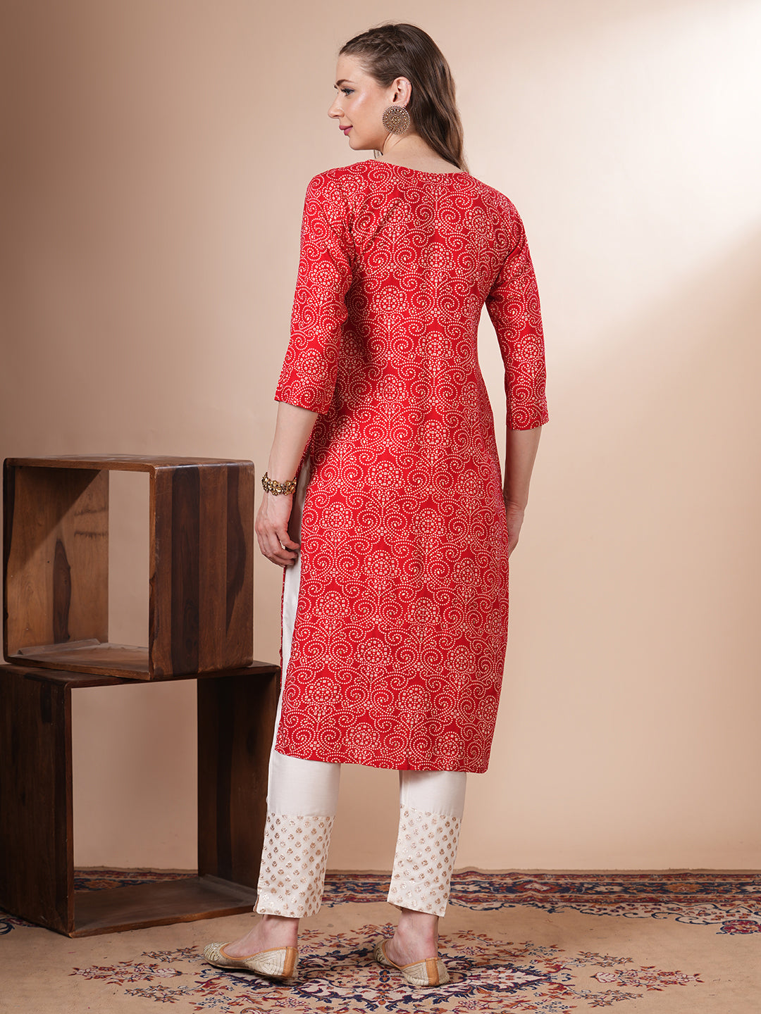 Ethnic Bandhani Printed Straight Fit Kurta - Red