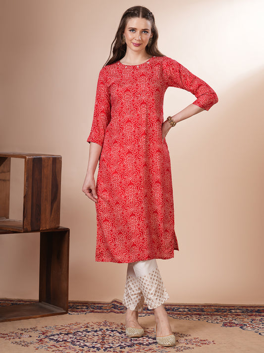 Ethnic Bandhani Printed Straight Fit Kurta - Red