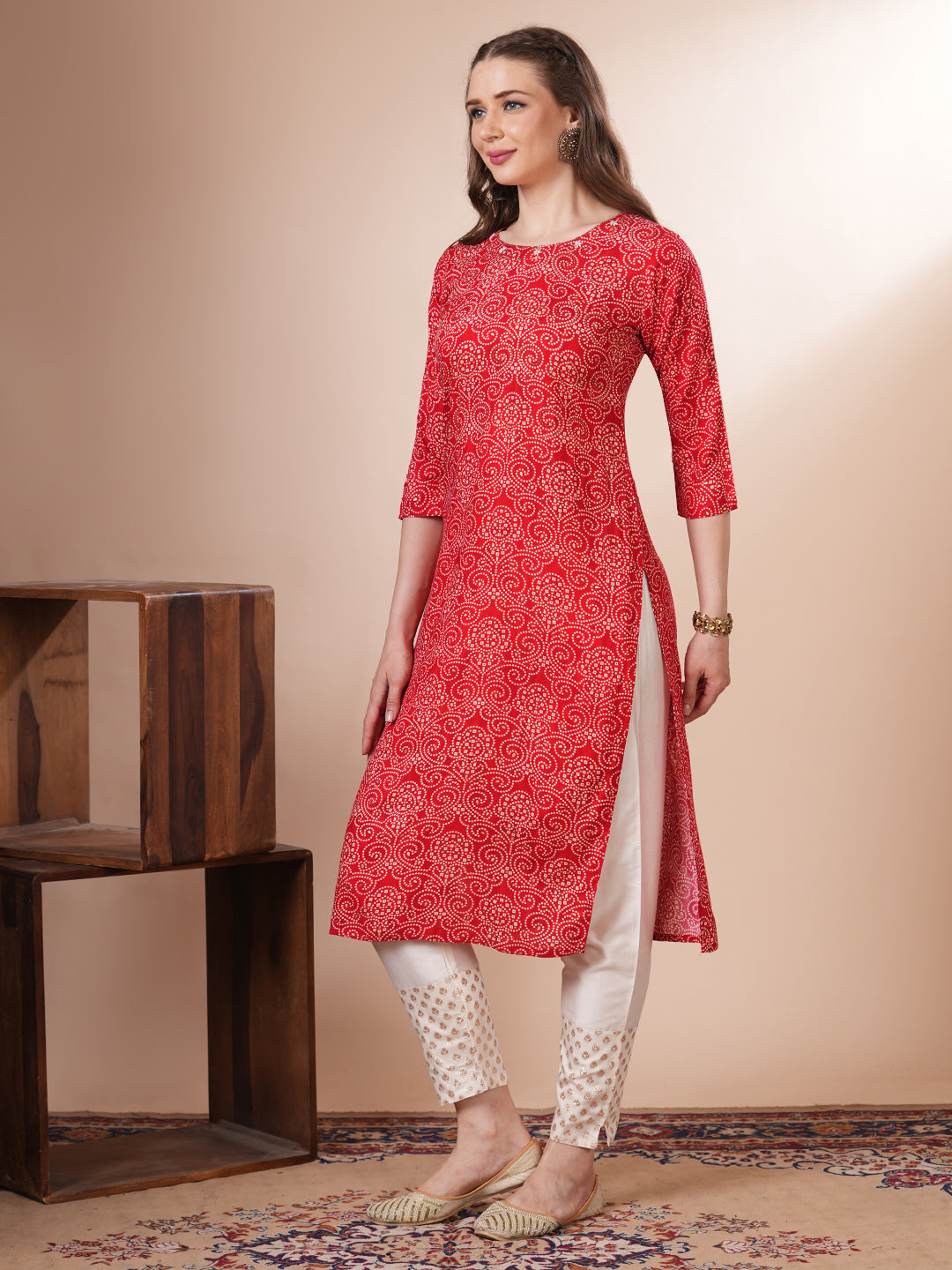 Ethnic Bandhani Printed Straight Fit Kurta - Red