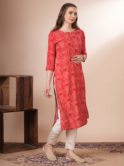 Ethnic Bandhani Printed Straight Fit Kurta - Red