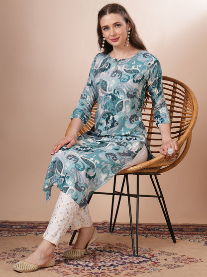 Ethnic Ikat Printed & Embroidered Straight Fit Kurta - Turquoise Blue