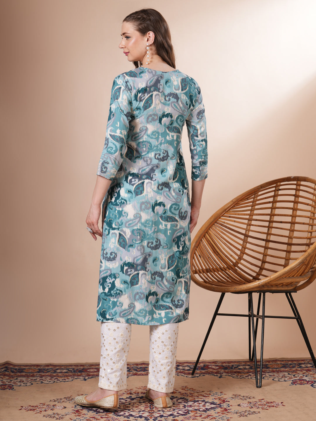 Ethnic Ikat Printed & Embroidered Straight Fit Kurta - Turquoise Blue