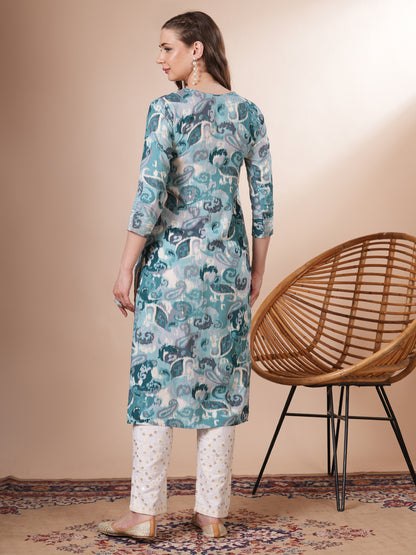 Ethnic Ikat Printed & Embroidered Straight Fit Kurta - Turquoise Blue
