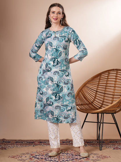 Ethnic Ikat Printed & Embroidered Straight Fit Kurta - Turquoise Blue