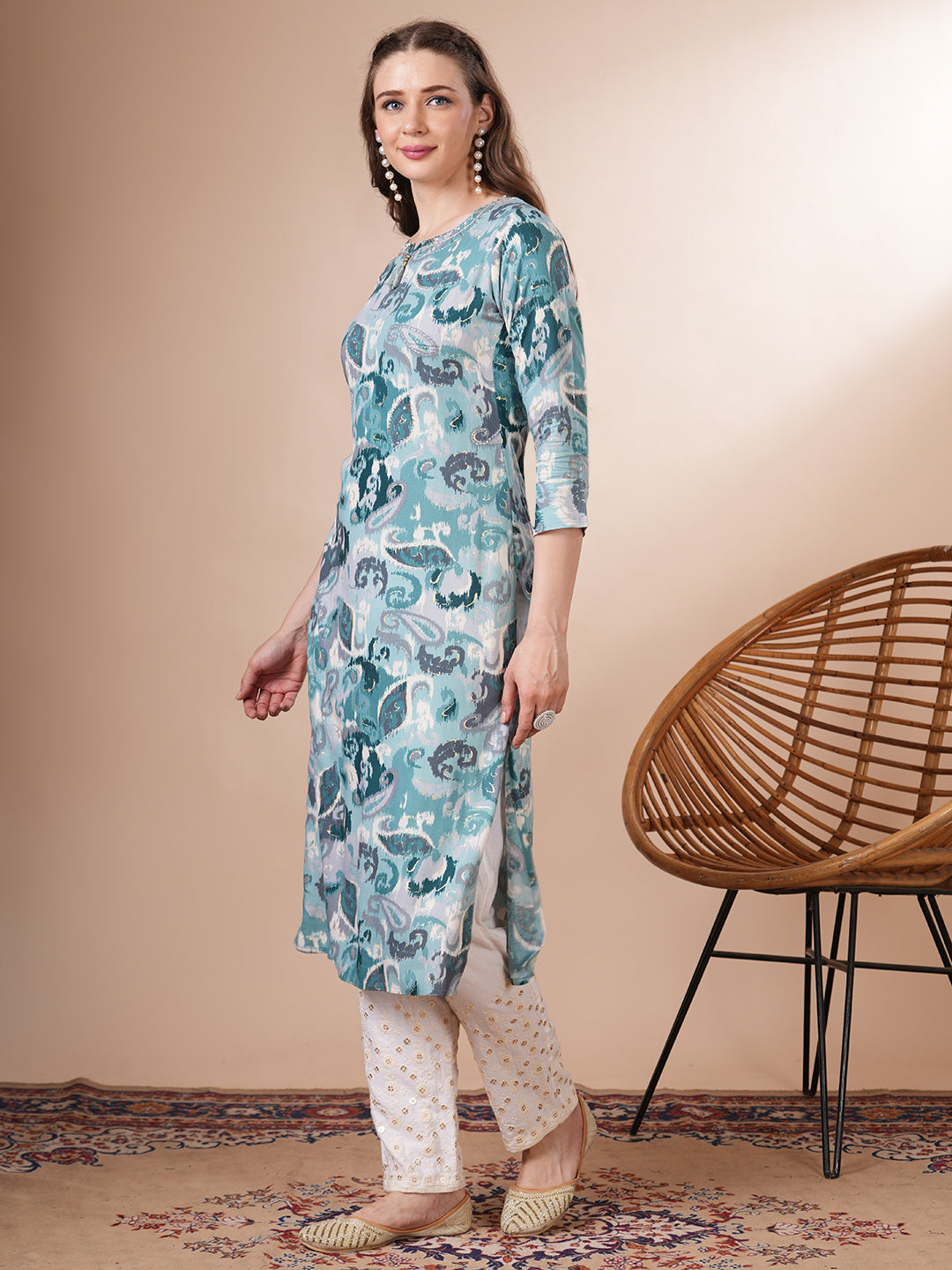 Ethnic Ikat Printed & Embroidered Straight Fit Kurta - Turquoise Blue