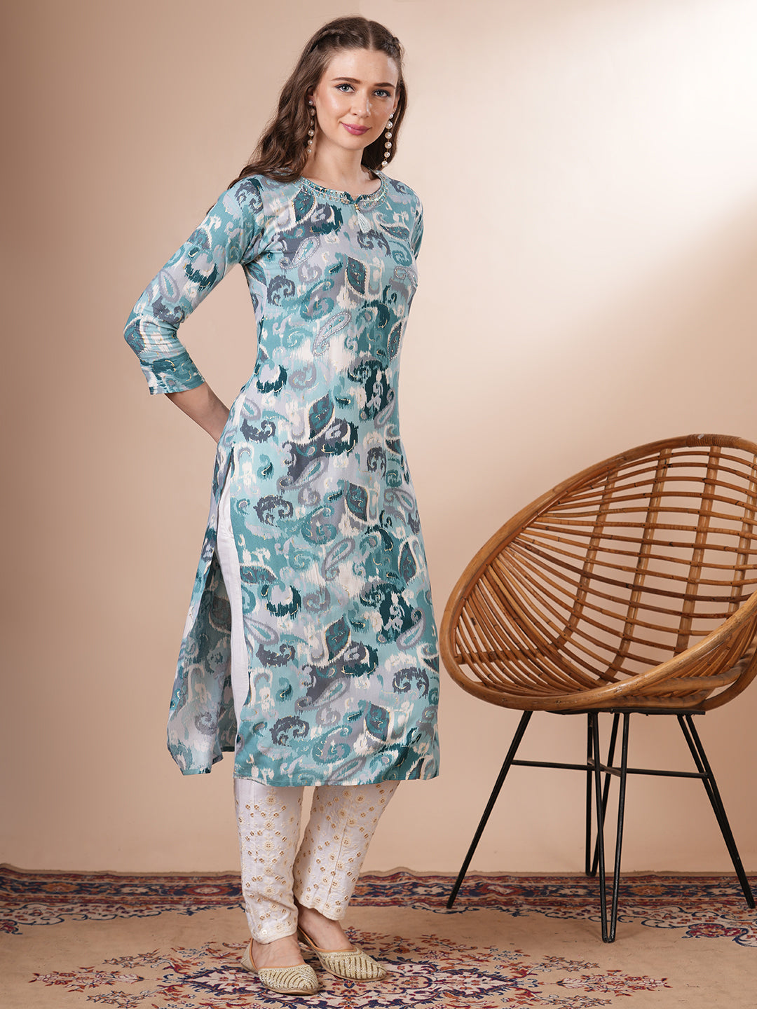 Ethnic Ikat Printed & Embroidered Straight Fit Kurta - Turquoise Blue