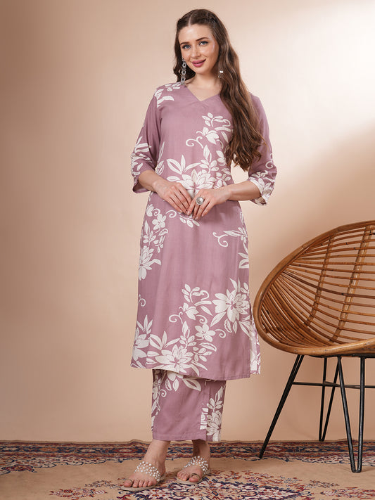Abstract Floral Printed A-Line Flared Co-ord Set - Lavender