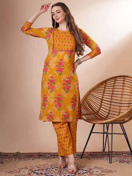 Ethnic Floral Printed Straight Fit Kurta with Palazzo - Mustard