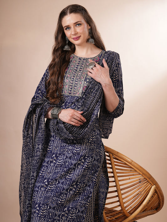 Ethnic Printed & Embroidered Straight Fit Kurta with Pant & Dupatta - Blue