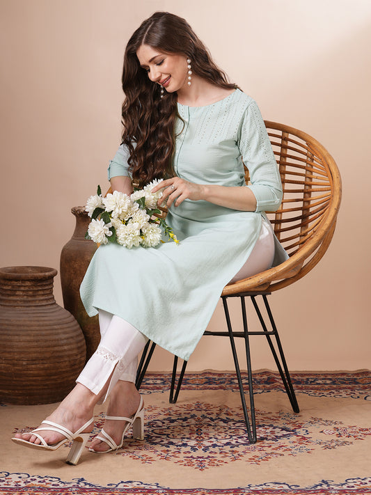 Solid Geometric Printed Straight Fit Kurta - Mint Green