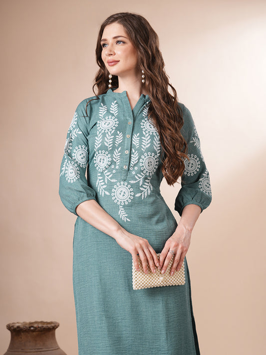Solid Floral Embroidered Straight Fit Kurta - Sage Green