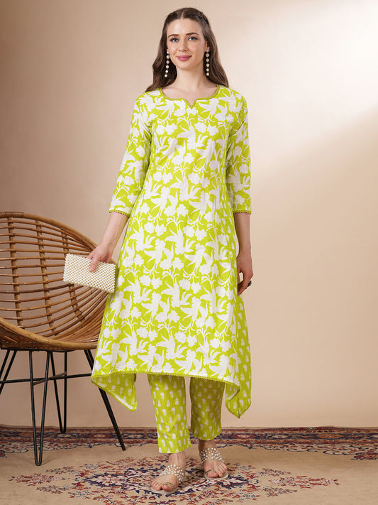 Ethnic Floral Printed Anarkali Flared Kurta with Pant - Lime Green