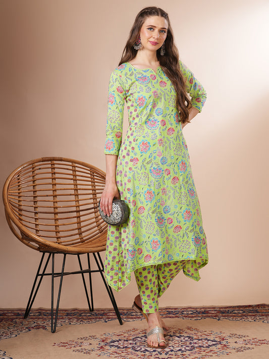 Ethnic Floral Printed Anarkali Flared Kurta with Pant - Light Green