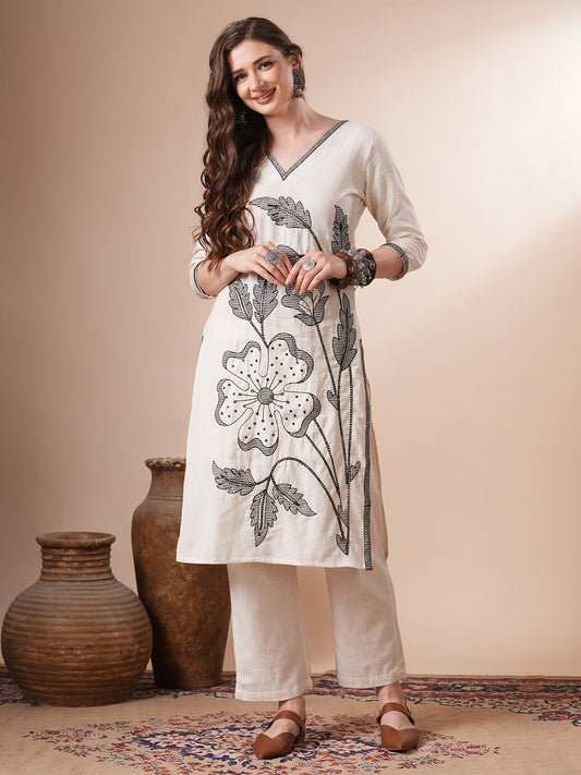 Solid Abstract Threadwork Embroidered A-Line Co-ord Set - Off White