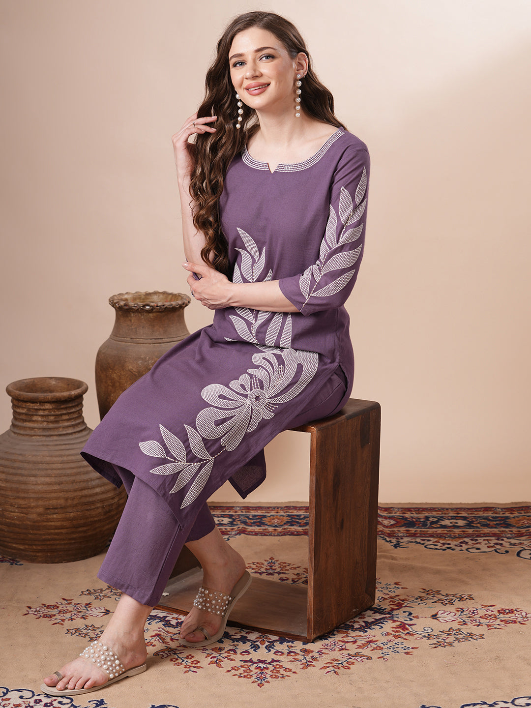 Solid Floral Embroidered Straight Fit Co-ord Set - Purple