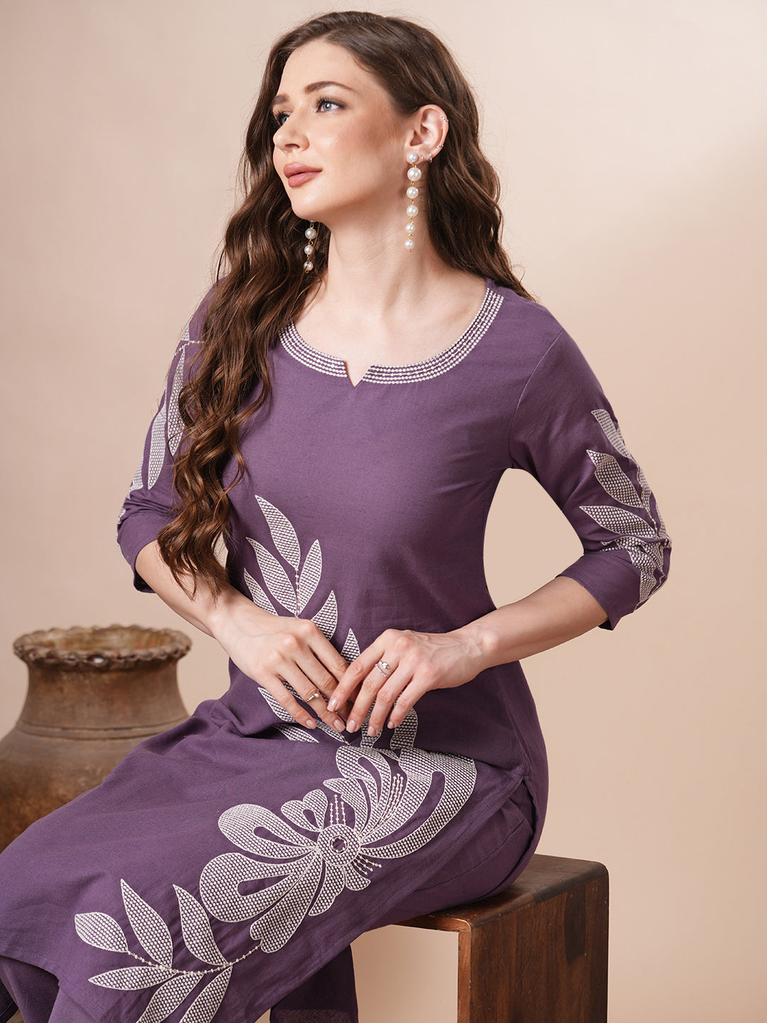 Solid Floral Embroidered Straight Fit Co-ord Set - Purple