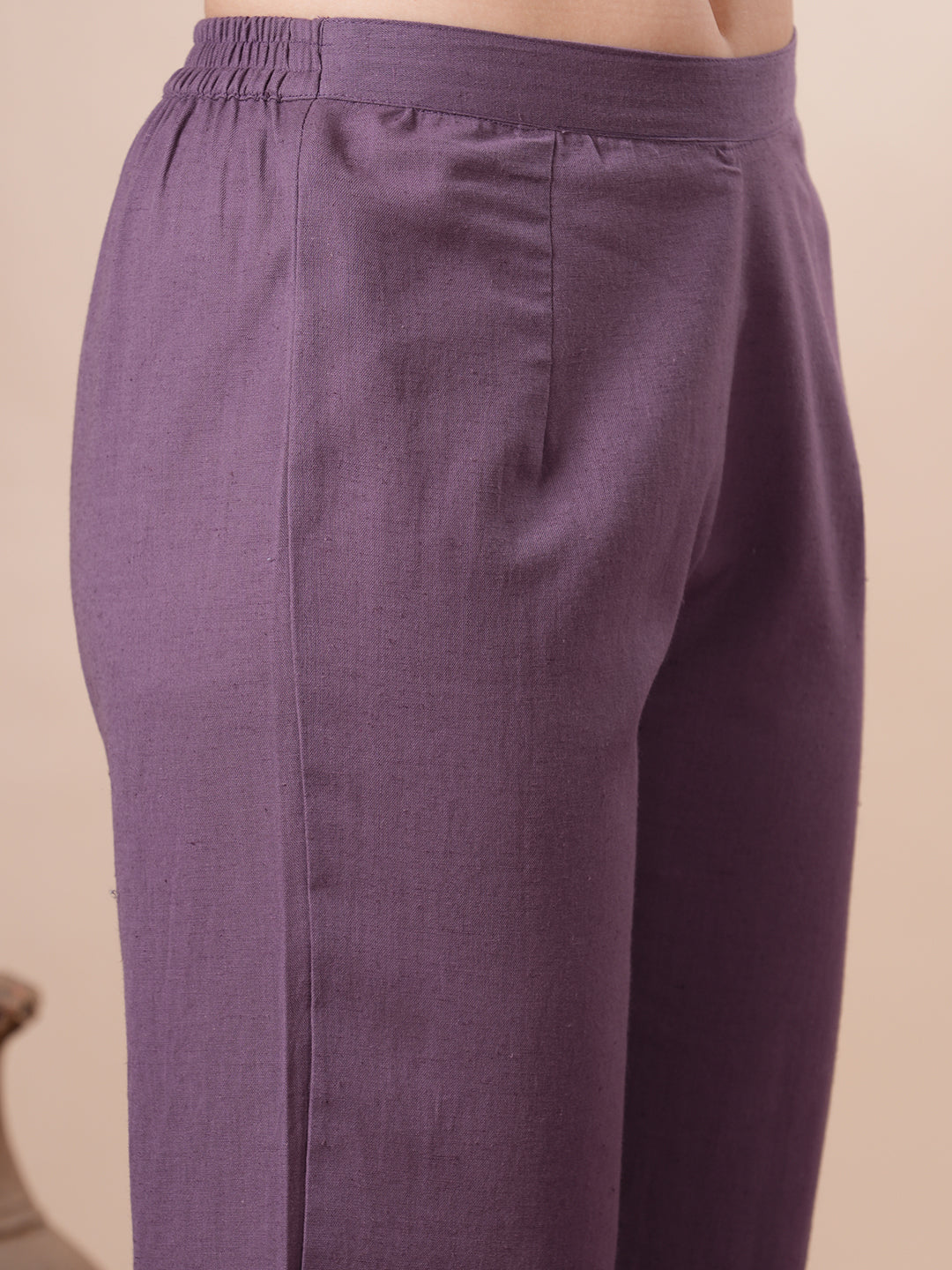 Solid Floral Embroidered Straight Fit Co-ord Set - Purple