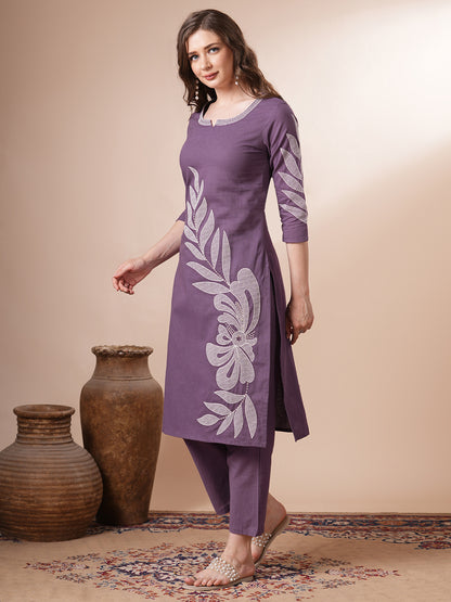 Solid Floral Embroidered Straight Fit Co-ord Set - Purple