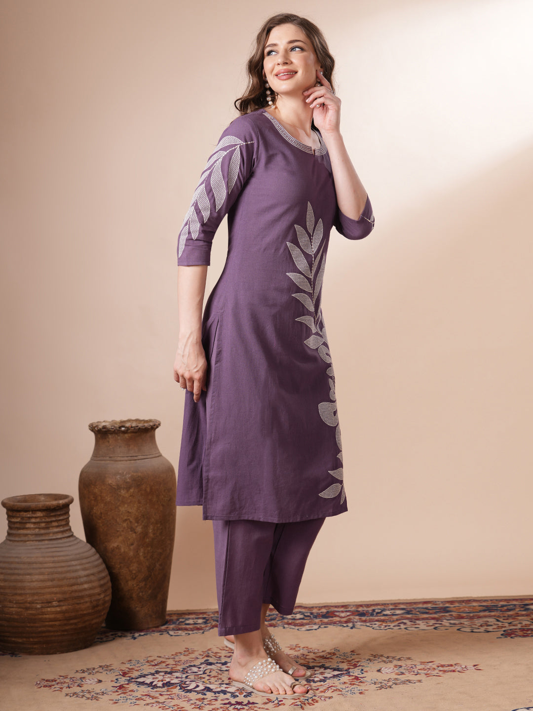 Solid Floral Embroidered Straight Fit Co-ord Set - Purple