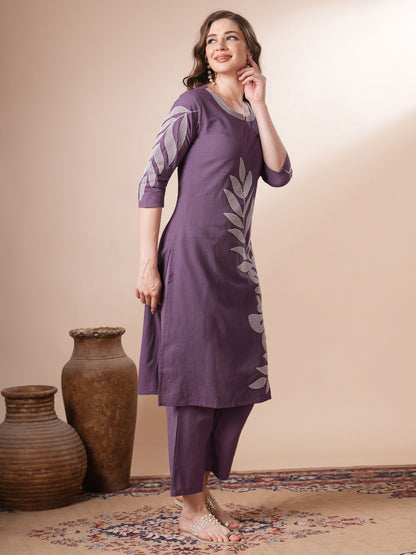 Solid Floral Embroidered Straight Fit Co-ord Set - Purple