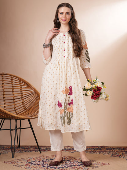 Ethnic Woven & Floral Hand Painted A-Line Kurta with Pant - Off White