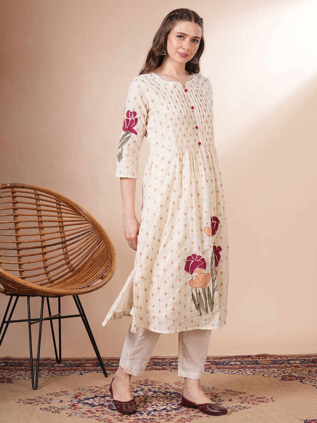 Ethnic Woven & Floral Hand Painted A-Line Kurta with Pant - Off White