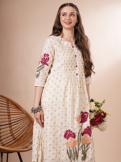 Ethnic Woven & Floral Hand Painted A-Line Kurta with Pant - Off White