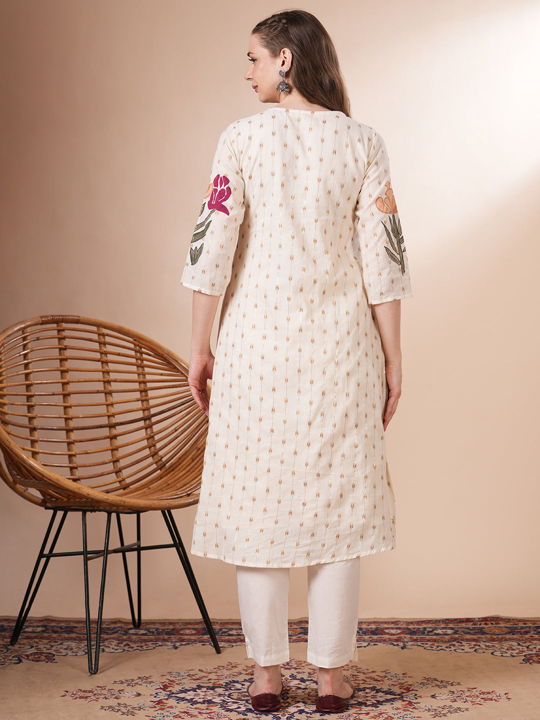 Ethnic Woven & Floral Hand Painted A-Line Kurta with Pant - Off White
