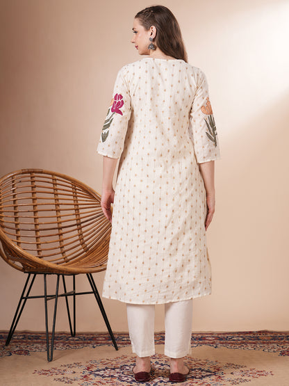 Ethnic Woven & Floral Hand Painted A-Line Kurta with Pant - Off White
