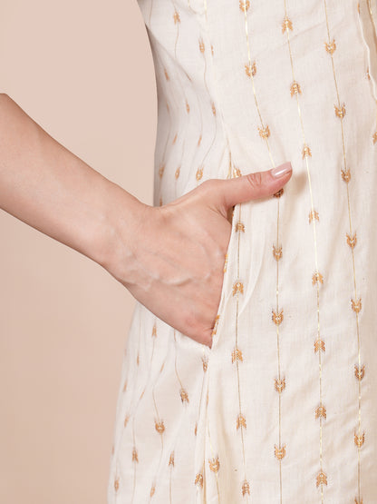 Ethnic Woven & Floral Hand Painted A-Line Kurta with Pant - Off White