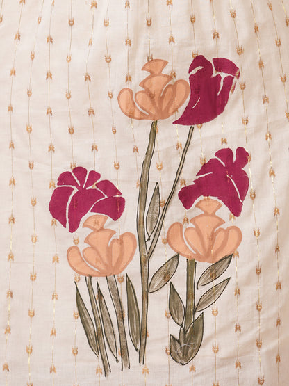Ethnic Woven & Floral Hand Painted A-Line Kurta with Pant - Off White