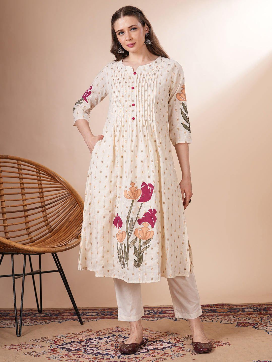 Ethnic Woven & Floral Hand Painted A-Line Kurta with Pant - Off White