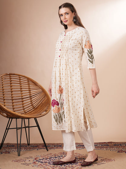 Ethnic Woven & Floral Hand Painted A-Line Kurta with Pant - Off White