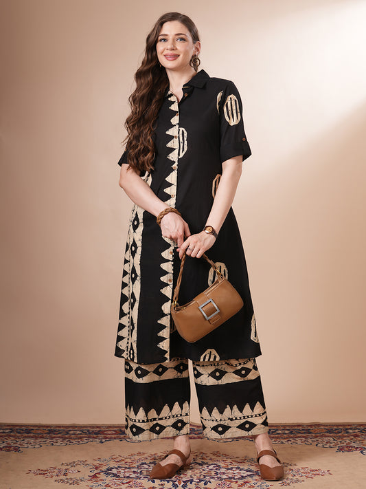 Ethnic Dabu Printed A-Line Co-ord Set - Black